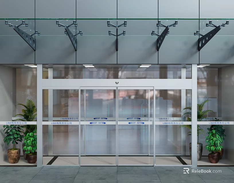 Modern Glass Entrance Door With Aluminum Frame Potted Plants And Ceiling Lighting 3d model 