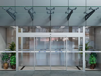 Modern Glass Entrance Door With Aluminum Frame Potted Plants And Ceiling Lighting 3d model