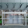 Modern Glass Entrance Door With Aluminum Frame Potted Plants And Ceiling Lighting