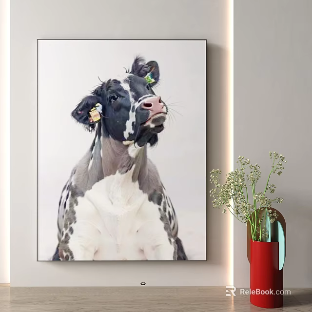 Animal Painting of Cow with Ear Tags on Wall with Red Vase and White Flowers 3d model 