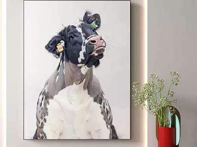 Animal Painting of Cow with Ear Tags on Wall with Red Vase and White Flowers 3d model