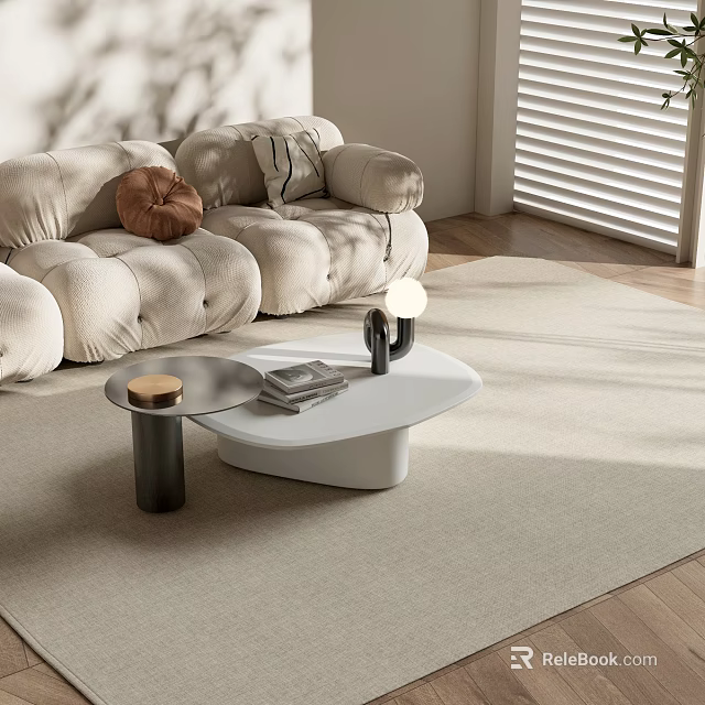 Modern White Black Coffee Table With Books Candle In Living Room Beige Sofa Light Carpet 3d model 