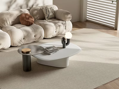 Modern White Black Coffee Table With Books Candle In Living Room Beige Sofa Light Carpet 3d model