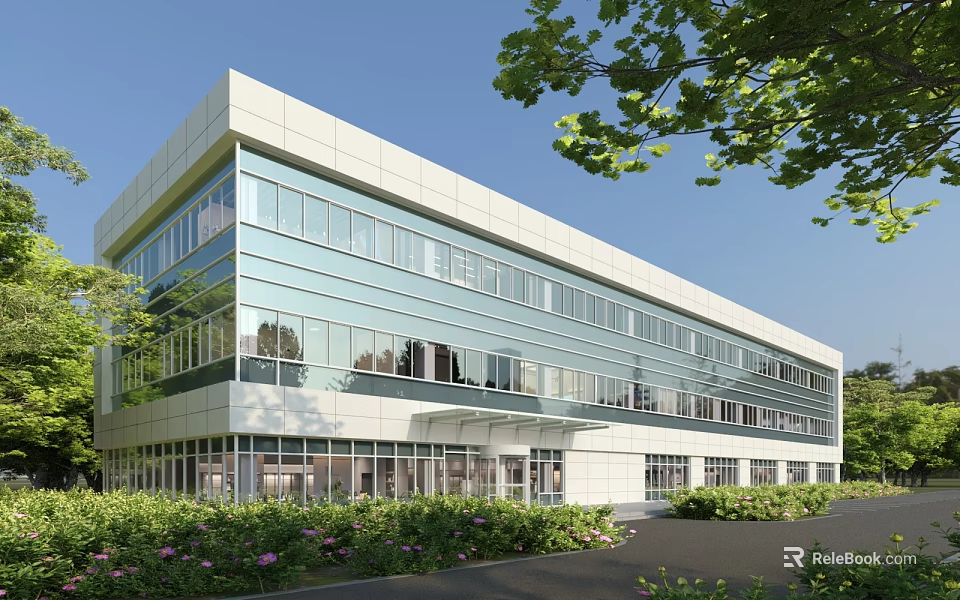 Modern Multi Storey Industrial Factory Building Featuring Glass Curtain Walls And Surrounding Greenery 3d model 