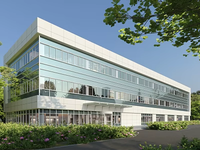 Modern Multi Storey Industrial Factory Building Featuring Glass Curtain Walls And Surrounding Greenery 3d model