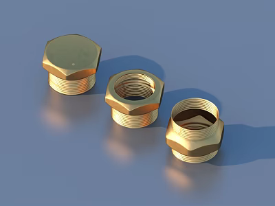Golden Hexagonal Brass Nuts with Threaded Openings on Blue Surface 3d model