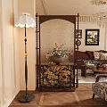 Elegant Living Room Interior Featuring Wooden Partition With Floral Design Floor Lamp And Sofa