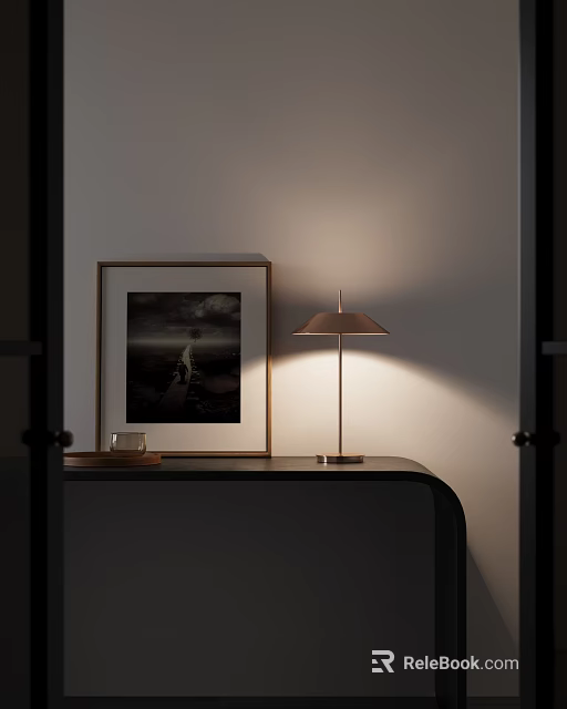 Minimalist Modern Table Lamp Illuminating Wooden Side Table With Framed Artwork And Small Coffee Mug 3d model 