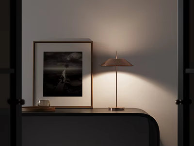 Minimalist Modern Table Lamp Illuminating Wooden Side Table With Framed Artwork And Small Coffee Mug 3d model