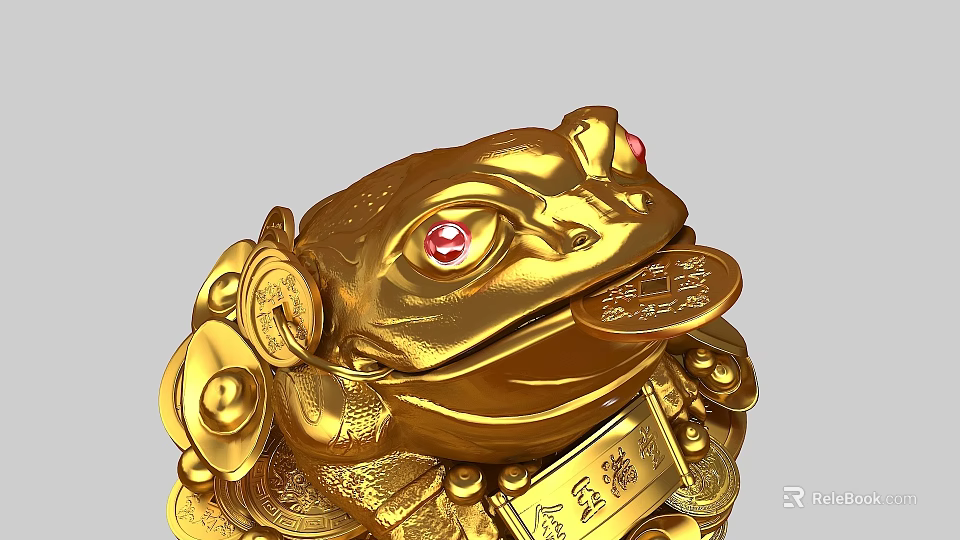 Golden Toad Ornament With Red Eyes Coins And Wealth Symbols 3d model 