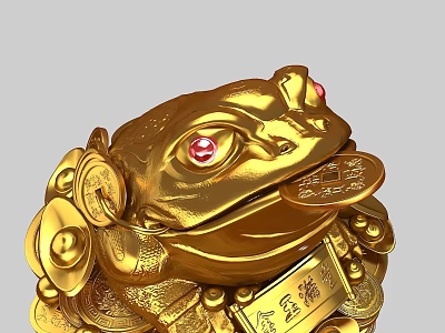 Golden Toad Ornament With Red Eyes Coins And Wealth Symbols 3d model