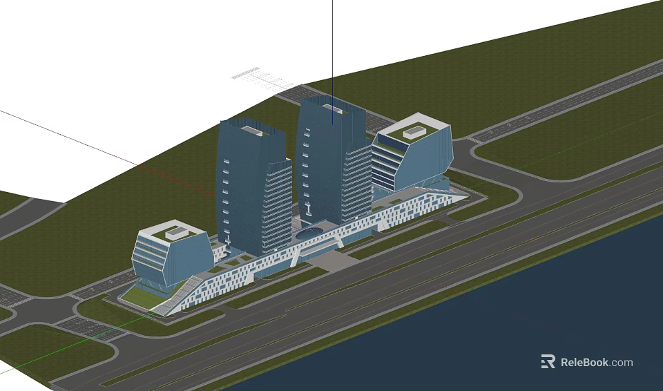 Modern Office Building Complex With Multiple Towers And Waterfront Road Access 3d model