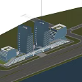 Modern Office Building Complex With Multiple Towers And Waterfront Road Access 3d model