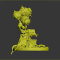 Enchanted Miniature Scene with Tree Small Hut Mushrooms and Flowers on Green Circular Base