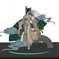 Elegant Traditional Female Figure With White Fan Blue Green Clouds And Glowing Stars