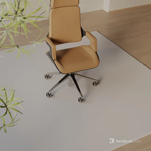 Modern Tan Leather Office Chair With Armrests Metal Base Wheels And Green Plants 3d model 