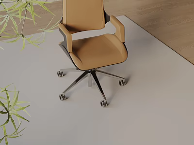 Modern Tan Leather Office Chair With Armrests Metal Base Wheels And Green Plants 3d model