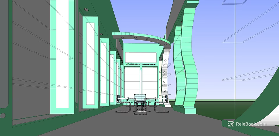 Modern Architectural Design Featuring Green Columns Arch Structure And Glass Entrance Lobby With Seating 3d model 