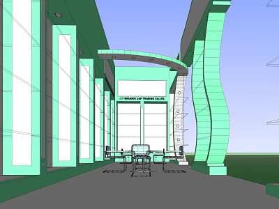 Modern Architectural Design Featuring Green Columns Arch Structure And Glass Entrance Lobby With Seating 3d model