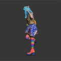 Woman In Vibrant Colorful Outfit With Blue Headpiece Rainbow Socks And Pink Shoes Dancing
