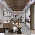 Modern Chinese Living Room Interior With Wooden Ceiling Circular Pendant Lights Sofa And Coffee Table