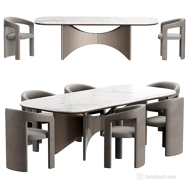 Modern Dining Table Set With Marble Top Metal Frame And Grey Chairs 3d model 