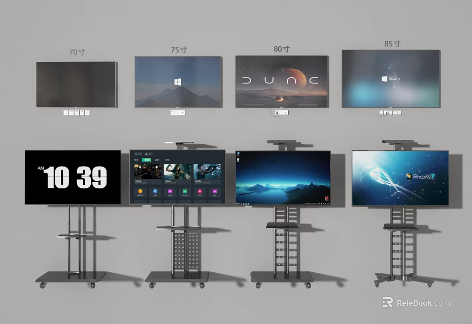 75 And 85 Inch Smart TV Screens with Mobile Stands and Various Display Interfaces 3d model 