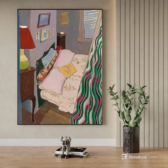 Oil Painting of Bedroom Interior with Striped Curtains Yellow Pillow and Side Green Plant 3d model 