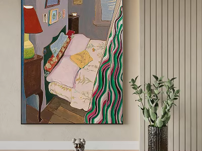 Oil Painting of Bedroom Interior with Striped Curtains Yellow Pillow and Side Green Plant 3d model
