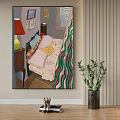 Oil Painting of Bedroom Interior with Striped Curtains Yellow Pillow and Side Green Plant