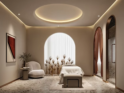 Luxury Club Interior With Relaxing Massage Bed Arched Window White Red Curtains And Decorative Plants 3d model
