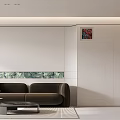 Modern Minimalist Living Dining Room Interior With Brown Sofa Coffee Table Area Rug And Wall Art