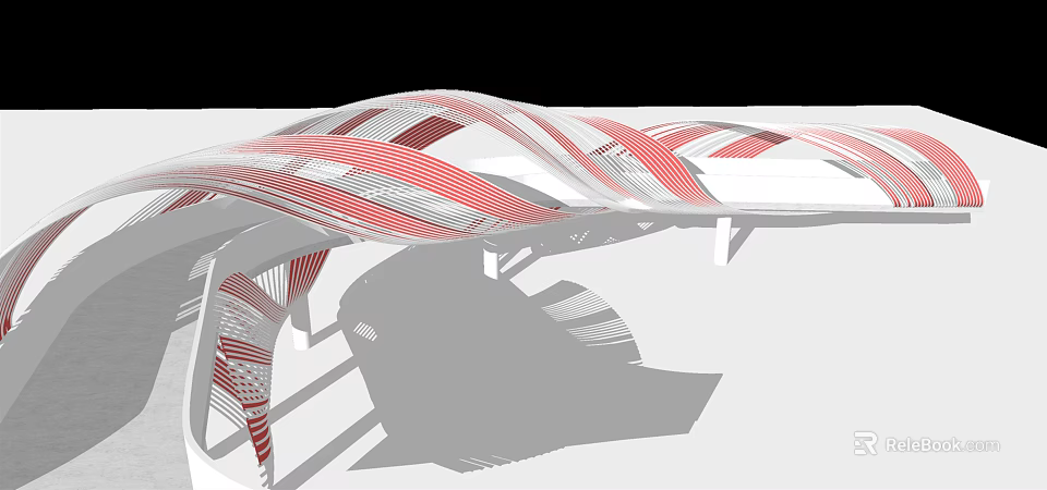 Modern Landscape Bridge With Curved Red And White Striped Architectural Design Structure 3d model 