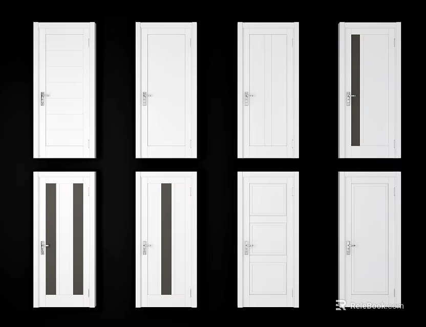 Modern White Swing Doors Featuring Various Panel And Glass Insert Designs 3d model 