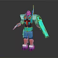 Blue And Gray Robot Character In 3D Model With Mechanical Armor And Arm Weapon