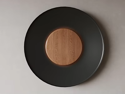 Black Circular Wall Lamp With Wooden Center On Light Colored Wall 3d model