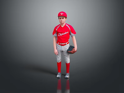 Young Boy in Red Dragons Baseball Uniform Holding Glove Red Cap Gray Pants Silver Shoes 3d model