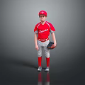 Young Boy in Red Dragons Baseball Uniform Holding Glove Red Cap Gray Pants Silver Shoes