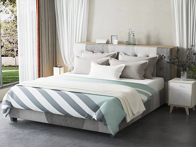 Double Bed With Striped Bedspread Pillows Wooden Headboard And Nightstand In Bright Bedroom 3d model