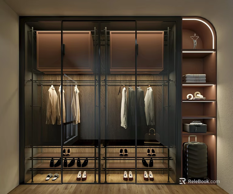 Modern Glass Door Wardrobe With Hanging Clothes Shoes Shelves And Lighting 3d model 