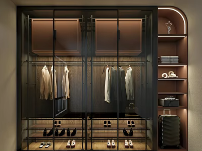 Modern Glass Door Wardrobe With Hanging Clothes Shoes Shelves And Lighting 3d model
