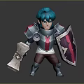 3D Fantasy Warrior Character With Blue Hair Armor Holding Hammer And Shield
