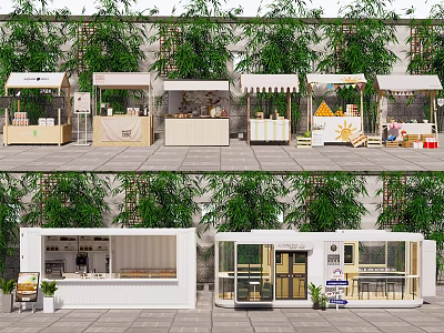 Outdoor Shopping Mall Stores Featuring Stalls Awnings Container Shops And Green Plants 3d model