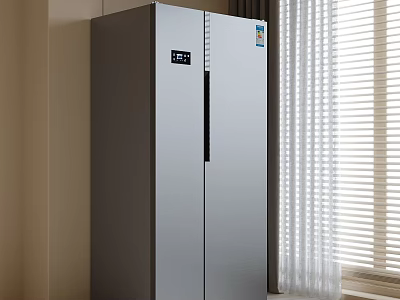 Modern Silver Double Door Refrigerator In Room With Window And Blinds 3d model