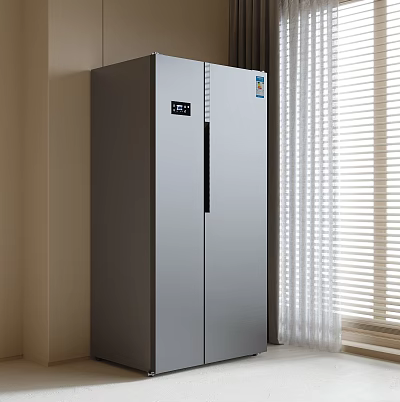 Modern Silver Double Door Refrigerator In Room With Window And Blinds 3d model