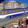 Blue and White Barryville Express Train on Elevated Track with Urban High Rise Buildings