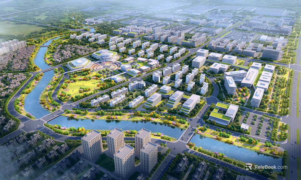 Aerial Planning of Modern Urban Layout With River Green Spaces and Buildings 3d model 