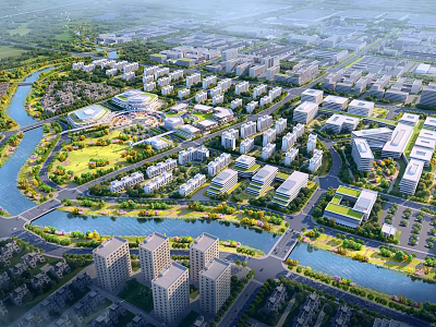 Aerial Planning of Modern Urban Layout With River Green Spaces and Buildings 3d model