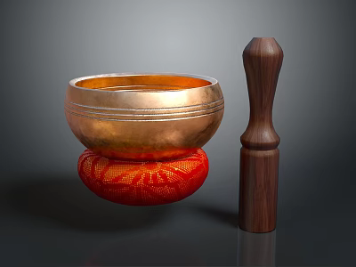 Decorative Ornament Set with Golden Singing Bowl Red Cushion and Wooden Mallet 3d model