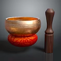 Decorative Ornament Set with Golden Singing Bowl Red Cushion and Wooden Mallet